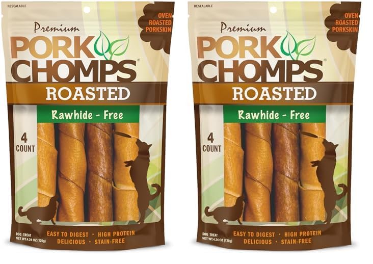 Pork Chomps Roasted Pork Skin Dog Chews, 6-inch Twists, 4 Count (Pack of 2)