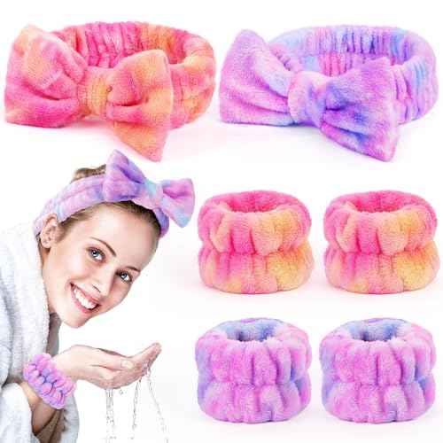 Spa Headbands for Women with Wristband Set: Facial Makeup Headbands for Girls & Teens - Soft Coral Fleece Elastic Hair Wraps with Wrist Accessories for Washing Face Shower Bath Beauty Skincare Gifts