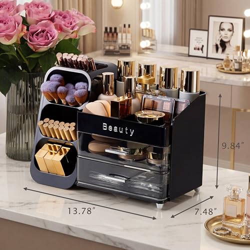 Makeup Organizer with Drawers & Brush Holder for Vanity