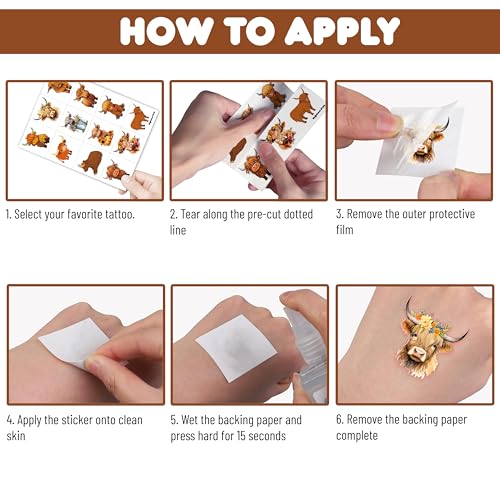 96PCS Highland Cow Print Pre Cut Temporary Tattoos Themed Birthday Party Decorations Decor Supplies Favors Animal Brown Cattle Tattoo Stickers Gifts For Game Boys Girls Classroom School Prizes