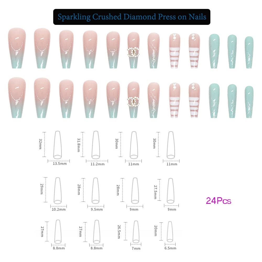 Long Press on Nails Coffin Fake Nails Luxurious Shiny Diamond Acrylic French Rhinestones Glue on Nails False Tips Art Design Manicure Decoration 24 PCS