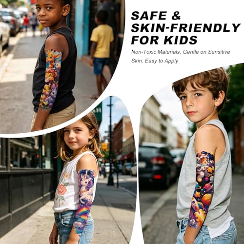 Kids Temporary Tattoo Sleeves, 12 Pc Dinosaur & Cartoon Set