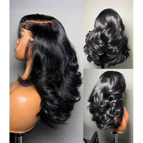 Ugrace Layered Cut C-Side Part Loose Wave Glueless Wigs Human Hair Pre Plucked Pre Cut 6¡¿5 HD Lace With Baby Hair Pre Bleached Knots 180% Density Natural Black Wigs for Black Women 18Inch