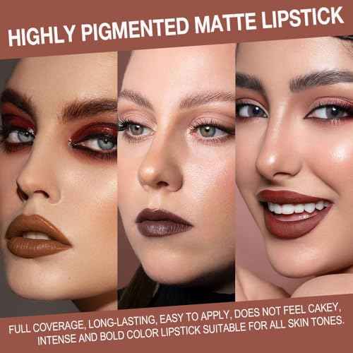 evpct 3Pcs Warm Brown Maroon Dark Wine Red Gradient Matte Lipstick Lip Liner Crayon Combo Pencil Set for Women Long Lasting, Cream Lip Liner and Lipstick Combo Makeup£¬Flawless Gradual Ombre Effect