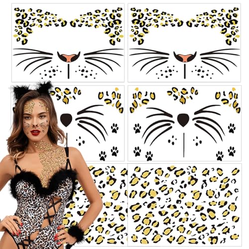 Leopard Print Temporary Tattoos - 6 Sheets Cheetah Face Stickers