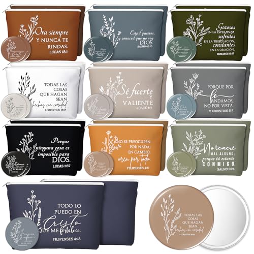 Kacctyen Spanish Christian Easter Gifts for Women Bulk Bible Verse Makeup Bags Religious Gift Regalos Cristianos Para Mujer Canvas Pouch Compact Mirrors Mother's Day Church Gift(Boho Color,20 Sets)
