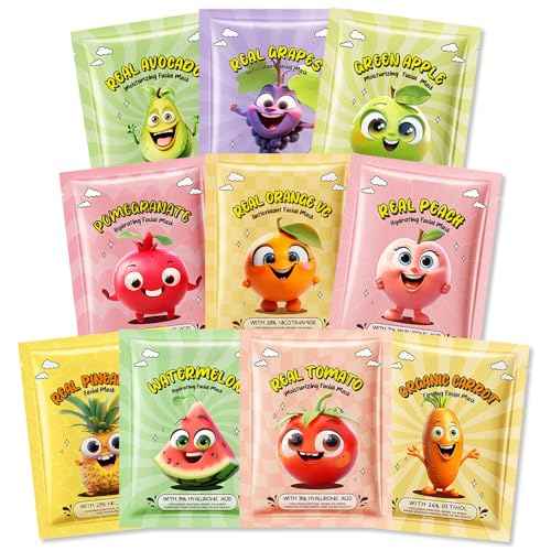 Kaely 10 Pack Fruit Face Masks for Kids, Kids Face Mask Spa Day Kit Supplies, Spa Party Favors for Teens Girls Women, Sheet Facial Mask Skincare Gifts Set, Moisturize Soothe for All Skin Types, 01