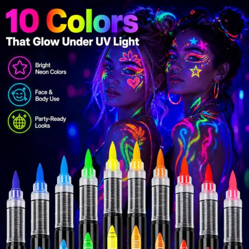UV Reactive Body Paint Markers - 10 Neon Colors