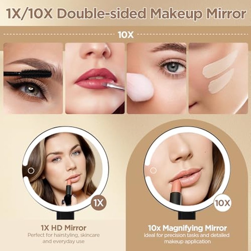 Lighted Makeup Mirror with 3 Color Modes & 10X Magnification - Portable