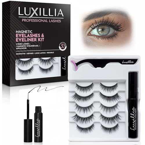 Luxillia 7-Piece Magnetic Eyelashes with Applicator & Magnetic Eyeliner Kit ? Reusable Natural Magnetic Lashes ? Easy Apply Lash Kit for Beginners ? Waterproof, Short & Dramatic Looks