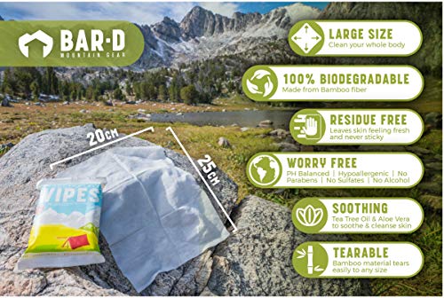Bar-D Biodegradable Body Wipes with Tea Tree & Aloe – 3-Pack Camping Shower Wipes (10 Wipes/Pack)