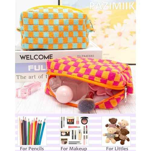 PAZIMIIK Checkered Makeup Bag for Purse Portable Zipper Make Up Pouch Small Cosmetic Case for Travel Red Orange