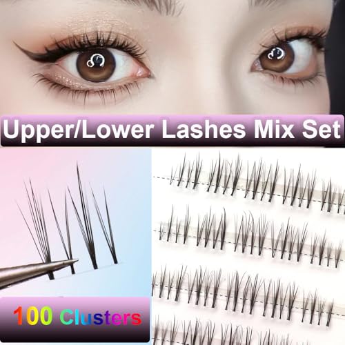 DIY Eyelash Extensions Natural 3D Effect Individual Lash 7-10mm Lashes 100 Clusters Volume Upper + Lower Lashes Mixed Set, Home Eyelash Extension C curl Lashes Wholesale Pack