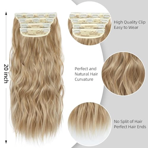 20" Blonde Clip-In Hair Extensions, 4 Pieces Curly Synthetic