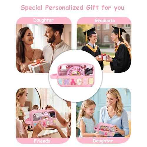 MONSTINA Snack Bag Clear Pouch Makeup Travel Toiletry Bag,Waterproof Clear Embroidery Letters Cute Digital Printing Rainbow Cosmetic Tote Bag for Women Girls,PU Leather Pink