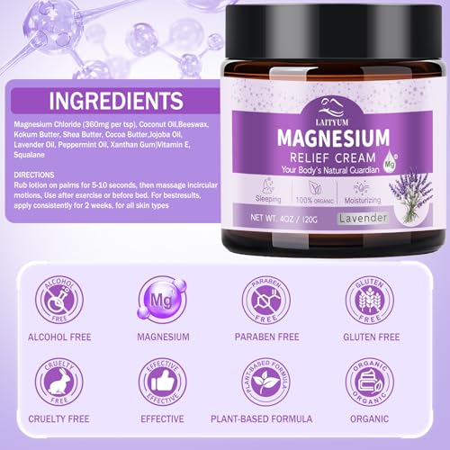 Magnesium Body Lotion - Magnesium Cream [NATURAL & ORGANIC] Lavender Magnesium Lotion for Sleep,Muscle Pain, Leg Cramps, Topical Magnesium Balm with Shea Butter, Coconut Oil, Vitamin E, Safe for Kids