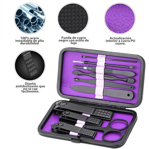 Glamne Purple Manicure Set 10-in-1 Nail Clipper & Care Tools with Leather Travel Case