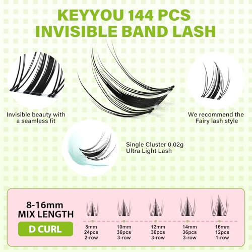 KEYYOU Fairy D Curl Lash Clusters 144Pcs Invisible Band Eyelash Extensions