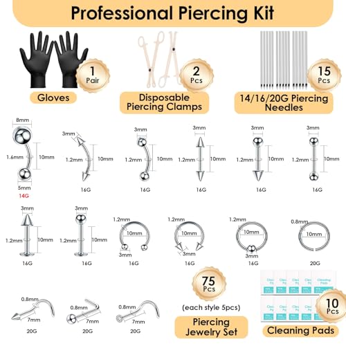 104-Piece Professional Body Piercing Kit with Needles and Jewelry