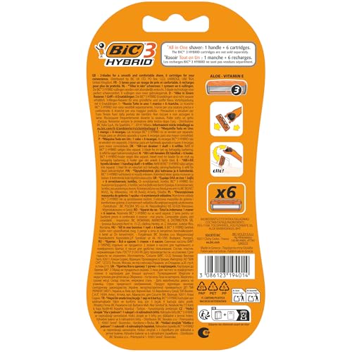Bic 3 Hybrid Men's Triple-Blade Razors, Pack with 1 Handle + 6 Refills - Lubricating Strip with 3 Blades and Pivoting Head for a Smooth, Precise Shave