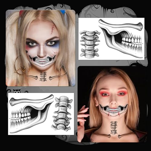 HOWAF 4 PCS Skeleton Face Tattoo, Skeleton Face Sticker, Snake Collarbone, Skull Halloween Temporary Tattoos, Day Of The Dead Face Tattoo for Halloween Costume, Day Of The Dead Costume