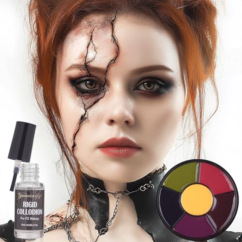 Fake Scar Bruise Makeup Kit,6 Color Bruise Wheel Body Paint and Rigid Collodion with Brush, Halloween Special Effects Makeup Kit with 2 White Sponges,Hunting Camo Face Paint