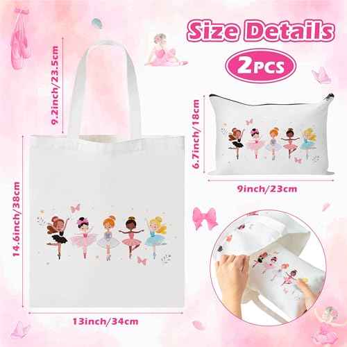 Y1tvei Ballerina Canvas Bag Set- Cute Dancing Girls Canvas Tote Bag Makeup Pouch with Inner Pocket, Gifts for Dance Recital