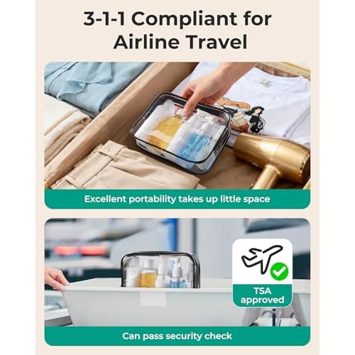 BAGSMART 7 Pack Clear Toiletry Bag with Refillable Travel Bottles Set, TSA Approved Travel Toiletry Bag Water Repellent Carry on Travel Accessories Bag Airport Airline Quart Size Bags, Black