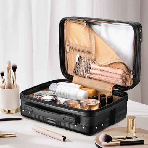 Noverlife 14 Inch Portable Hard Shell Cosmetic Travel Case, Mini Travel Hand Luggage with Elastic Band Travel Makeup Case, Small Makeup Carrying Suitcase for Train Cosmetic Bag Travel Camping - Black