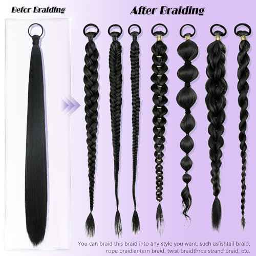 2 PCS Black Ponytail Extension with Hair Tie DIY Braided Ponytail Extension Warp Around Yaki Straight Sleek Hairpieces Light and Soft Fluffy Stayle Ponytail for Women Daily Party Use