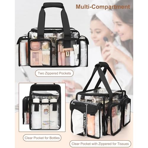 Relavel Clear Makeup Bag Professional Makeup Artist Kit Set Travel Cosmetic Organizer Case Transparent Stadium Approved Tote Bag Toiletry Lunch Duffle Work Shoulder Bag with Adjustable Dividers, Black