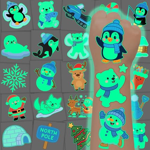 winthrop 120 Pcs Glow in The Dark Polar Animal Tattoos for Kids, 60 Luminous Winter Designs, Non-Toxic Waterproof Christmas Tattoos, Individually Wrapped Stocking Stuffers & Party Favors
