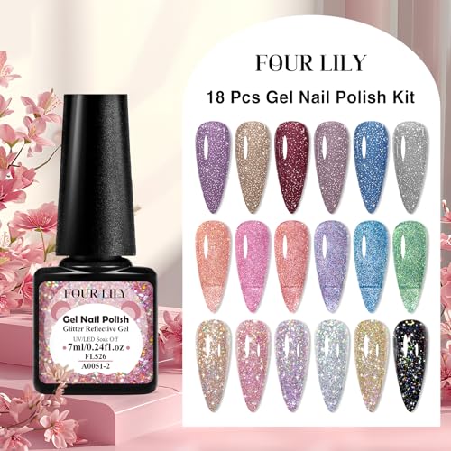 Reflective Glitter Gel Nail Polish Set, 18 Colors Including Pink Red Silver Holographic Gel Kit UV LED Soak Off Nail Polish Home DIY Manicure Salon Varnish