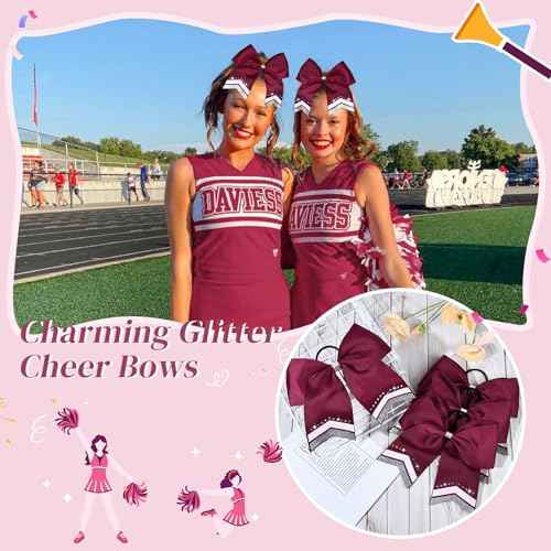 8PCS Glitter Cheer Bow Large Maroon Cheer Bows Rhinestones Hair Bows Girls 8"Cheerleading Bows Bulk Elastic Band Ponytail Holder for Teen Girls College Sports Competition