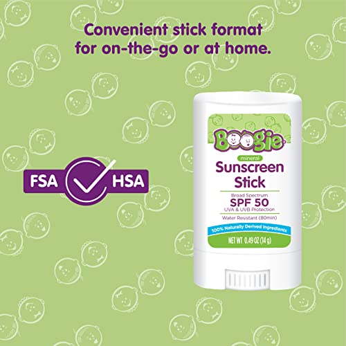 Baby Sunscreen Stick by Boogie Block, Mineral Sunscreen SPF 50, FSA/HSA Eligible, Travel Size Sunblock for Kids, Zinc Oxide, Water Resistant, Vegan, Fragrance Free Pack of 2