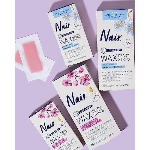 Nair Hair Remover Wax Ready Strips for Legs & Body, No Mess Waxing Kit for Hair Removal, 3-pack Wax Strips, 40ct Each Wax Kit