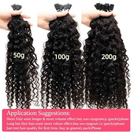 50G/Pack 28Inch Long I Tip Hair Extensions Human Hair 4-5 Packs for Full Head Pre Bonded I Tip Hair Bundles Cold Fusion Ketatin Stick Tippeds Real Human Hair Kinky Curly #1B I Tip Hair Extensions