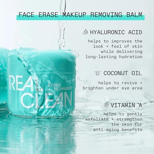 Real Techniques Real Clean Face Erase Makeup Removing Balm, Hydrating Makeup Cleansing Balm, Remove Stubborn Makeup, Hyaluronic Acid Moisturizes & Vitamin A Helps Exfoliate, 2 fl. oz Jar