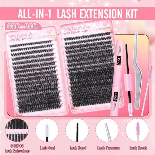 Boahankuke 640PCS Lash Clusters Kit DIY Lash Extension Kit D Curl Volume Eyelash Extensions Individual Lashes Kit with Lash Bond and Seal, Tweezers (60D 8-16mm, 80D 10-18mm) by Boahankuke