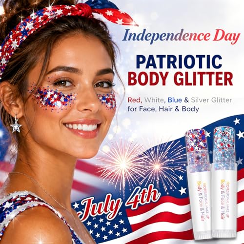 4th of July Red White Blue Body Glitter Stick (2PCS), Waterproof