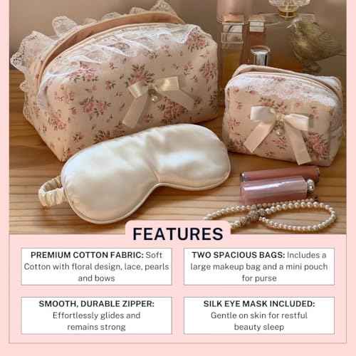 Floral Makeup Bag Set of 2 with Pearl Lace Bow + Silk Eye Mask, Coquette Accessories, Aesthetic Cute Makeup Bags for Women, Large & Small Pouch Set, Cotton Pouches for Purse, Gift Set for Women Girls