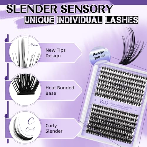 Lash Extension Kit for Beginners Eyelash Extension Kit Manga Lash Clusters Kit 280 PCS Individual Lashes Kit Volume 40D+50D Soft C Curl Eye Lash Extension Lash Kit(Manga-40D+50D-C-9-16MIX)