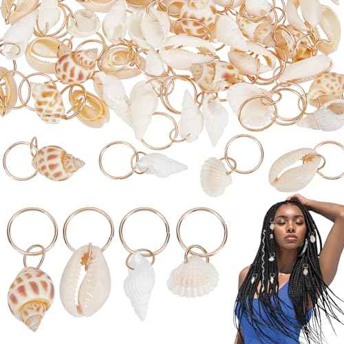 PLIGREAT 60 Pcs Seashell Conch Dreadlock Rings Charms, Vintage Hair Braiding Decor, Summer Beach Style Braided Hair Ornaments Decorative Dreadlock Hair Clips Charm for Women Men Dreadlock Accessories