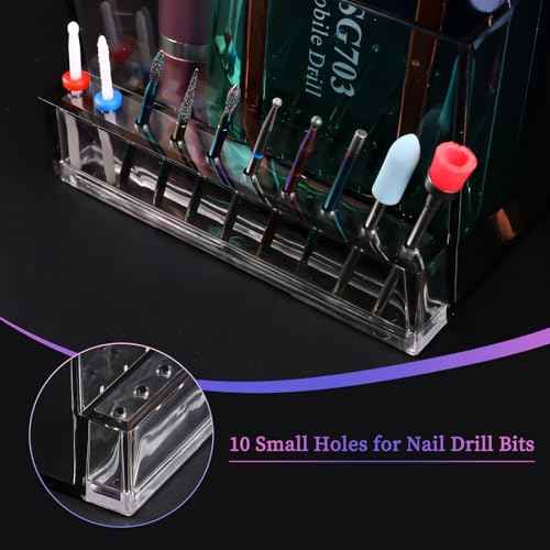 ANGNYA Nail Drill Holder Grinding Bit Storage Box, 10 Holes Transparent Nail Drill Bit Holder Plastic Nail Drill Tool Organizer Manicure Tools Display Box for Nail Tech Supplies
