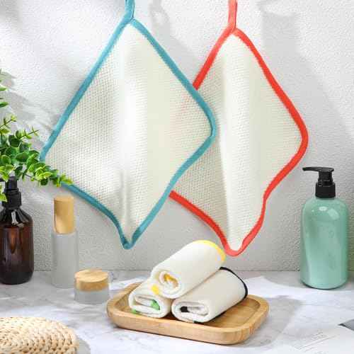 Tatuo 5 Pcs Exfoliating Face and Body Wash Cloths Towel Weave Bath Exfoliating Scrub Massage Bath Cloth for Women and Men, 10.63 x 9.05 Inch(Black Green Orange Blue Yellow Edge)