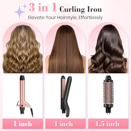 Ufree 3-in-1 Curling Wand Set with Flat Iron & Thermal Brush – Dual Voltage Hair Styling Kit