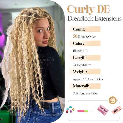 WIGER Full Set Double Ended Platinum Blonde Curly Dreads Extension for Women DE Blonde Wavy Dreadlock Handmade Synthetic Soft Dreadlock Crochet Hair (50 Strands Curly Dreads, 613)
