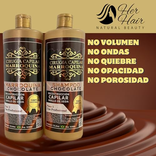 Cirugía Capilar Marroquina Chocolate 33.8 oz| Shampoo Chocolate 33.8 oz| Tratamiento Capilar |Reconstrucción Capilar Brillo de Seda| Alizado y Brillo Capilar | Uso Professional | Kit 2 Pasos |67.6 oz