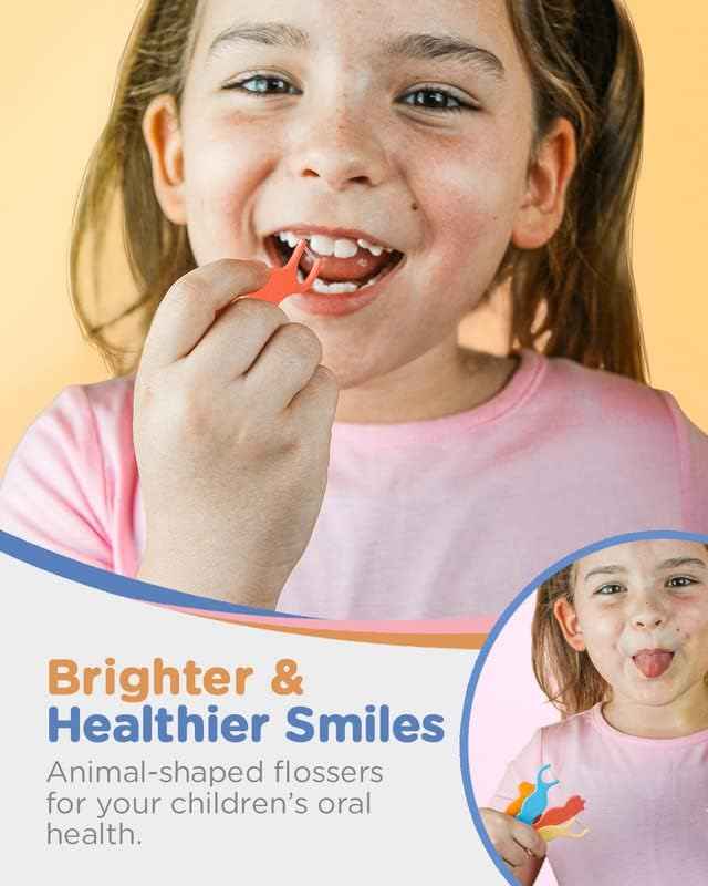 Piico Unflavored Kids Floss - No Fluoride Dual Line Dental Floss Picks - Fun Oral Care in Colorful Floss Sticks Design - Flossers Prevent Tooth Decay & Gum Disease - 300 Playground Zoo & Travel Case