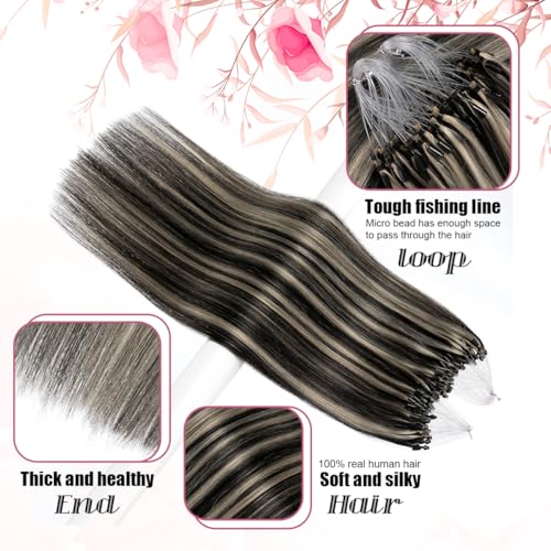 Micro Beads Hair Extensions Real Human Hair Brown Micro Loop Human Hair Extensions 16 Inch #1B/613 Straight Remy Human Hair Micro Link Hair Extension 1g/Strand 50g(#1B/613, 16inch)